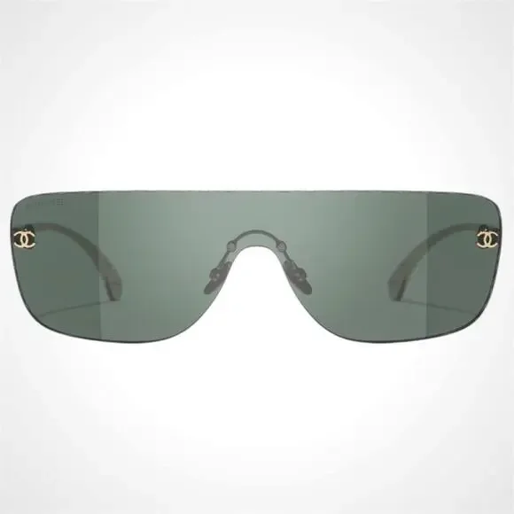 New CHANEL Sunglasses Gold Metal Rimless Shield Mask Green Lens CC Logo - Picture 2 of 5